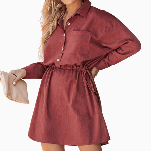 Maroon Mini Shirt Dress, Button-Front, Drawstring, Women's Cupshe, Sz Large - Picture 2 of 7